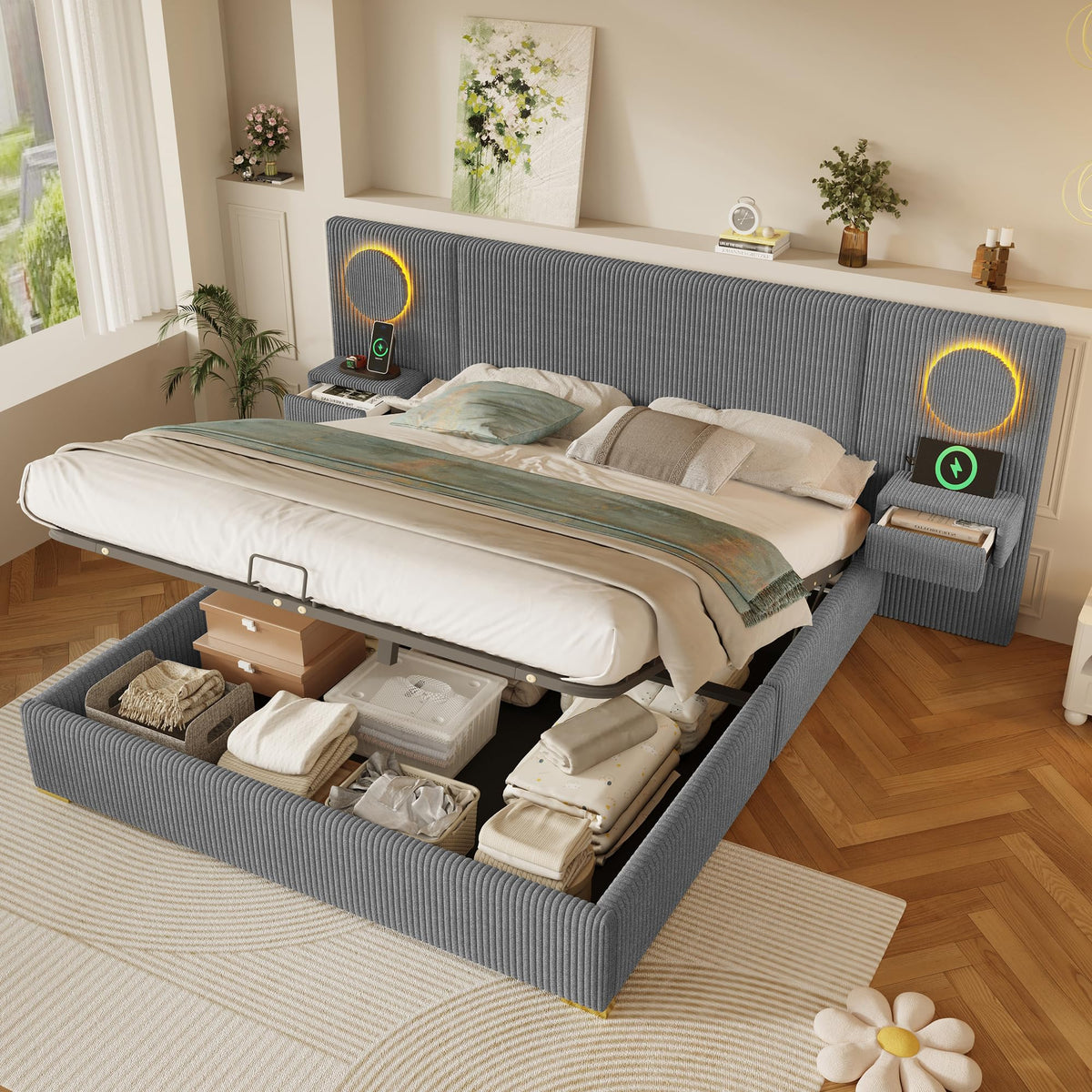 Moimhear Cama tapizada de terciopelo, cabecero LED, conectores USB, almacenamiento hidráulico