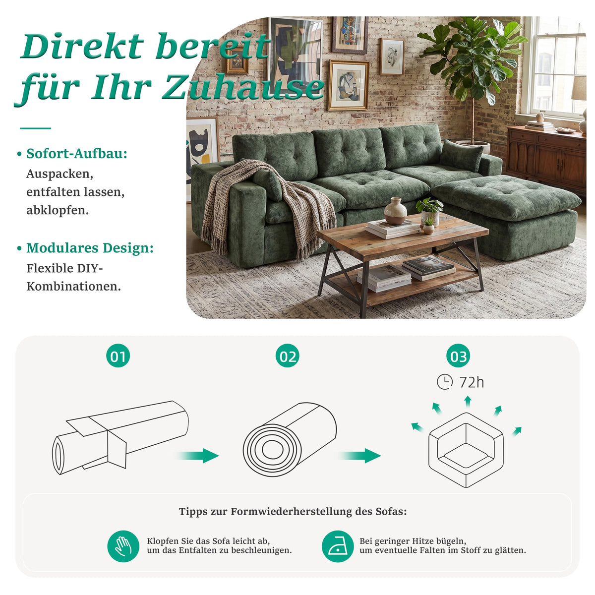 Sofá modular de 3 plazas con función de dormir, asiento extra profundo, felpilla para el hogar, sofá sin marco, sofá cama flexible para salón, verde