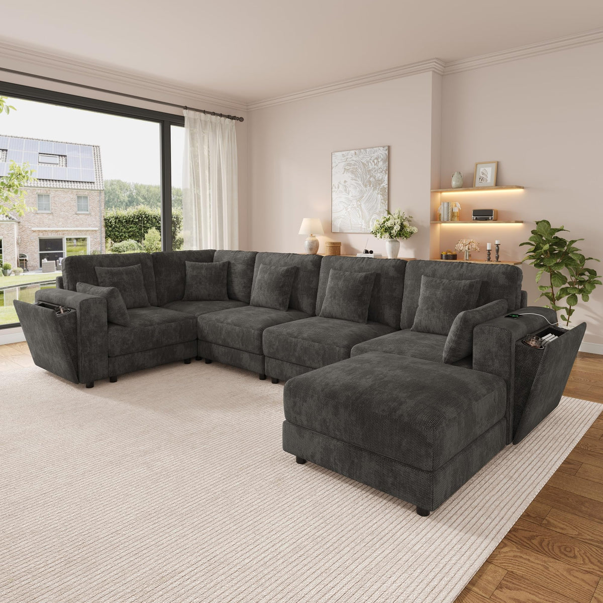 Sofá modular de 6 plazas, sofá esquinero en forma de L/U, puertos USB/tipo C, portavasos y espacio de almacenamiento, tela de chenilla, 7 cojines, salón, dormitorio y oficina, color beige