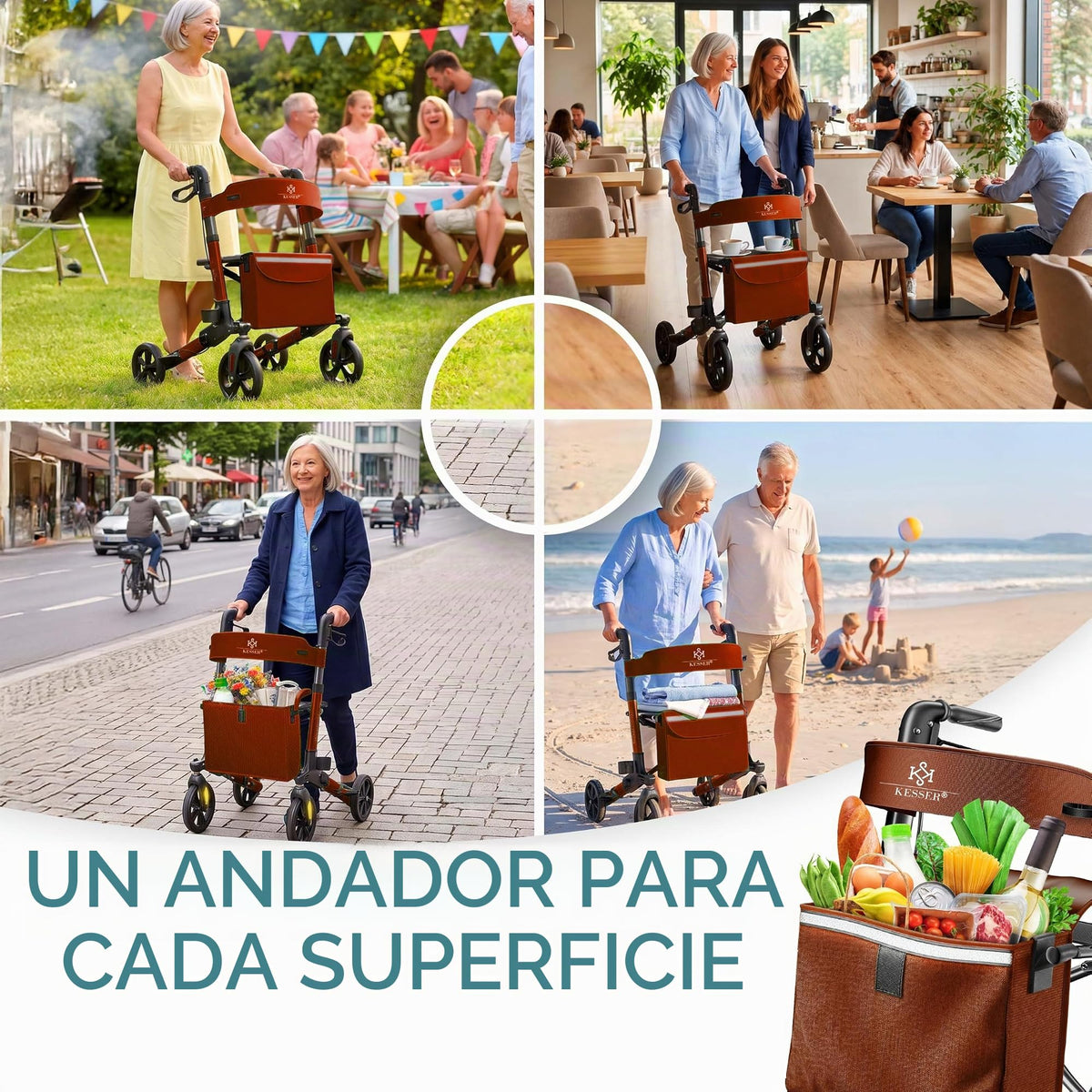 KESSER® Andador plegable con asiento y respaldo, 4 Ruedas/Frenos/Saco de Compra y Porta Bastón, Altura Ajustable 82-94cm, Andador, Carro, Rollator para Ancianos Gris