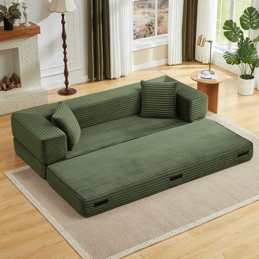 Sapgaks Sofá Convertible, Sofá Cama, Sofá 2 Plazas sin Marco, Sofá Plegable de Compresión, Diseño Cuadrado Clásico, No requiere Montaje (Verde-1)