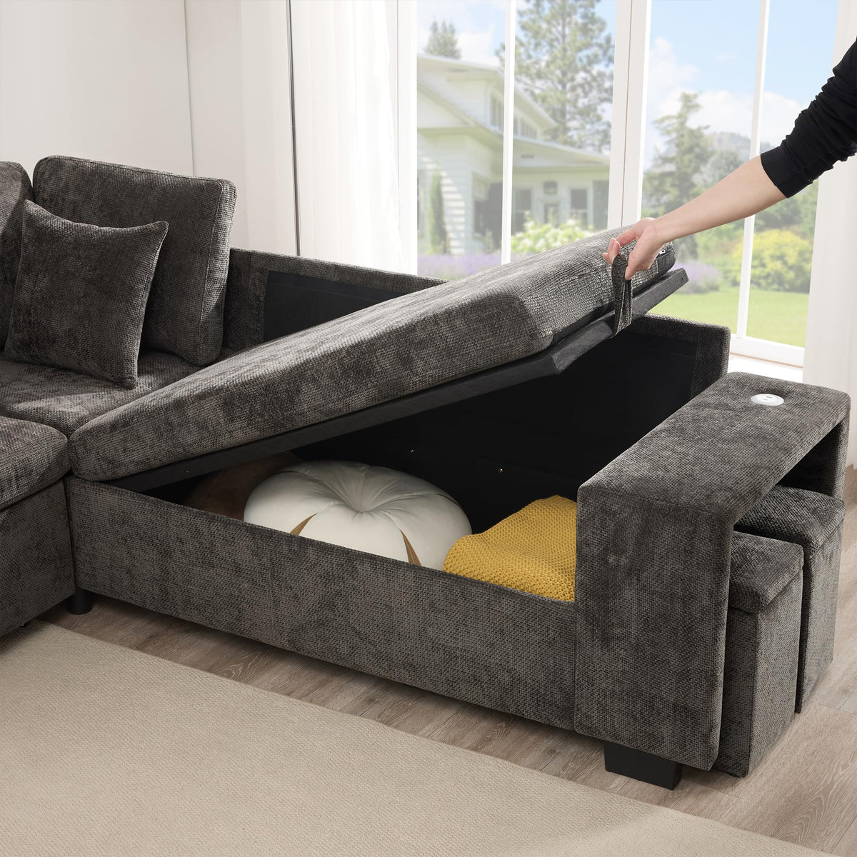 Sofá moderno de chenilla en forma de U con chaise longue, sofá esquinero de 4 plazas con espacio de almacenamiento, puerto USB y tipo C, modular, con soporte para bebidas y cojines suaves