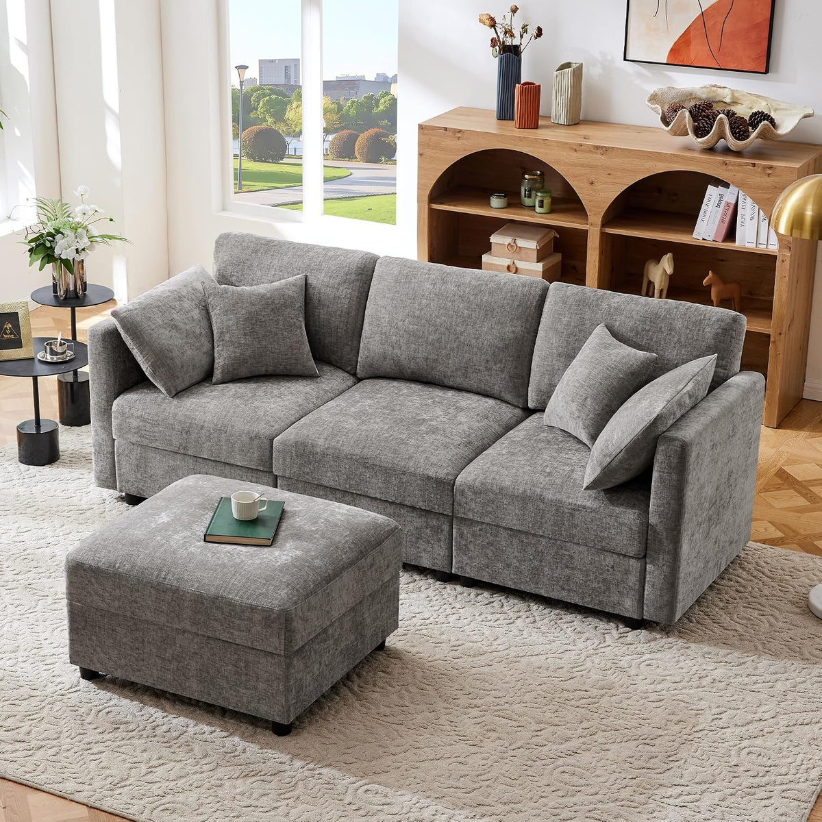 Soweiz Sofá de esquina en forma de L con reposapiés, sofá cama convertible de 3 plazas, 4 cojines, brazos ajustables, tejido chenilla, adecuado para salón/oficina/apartamento, 218 x 156,5 x 86 cm
