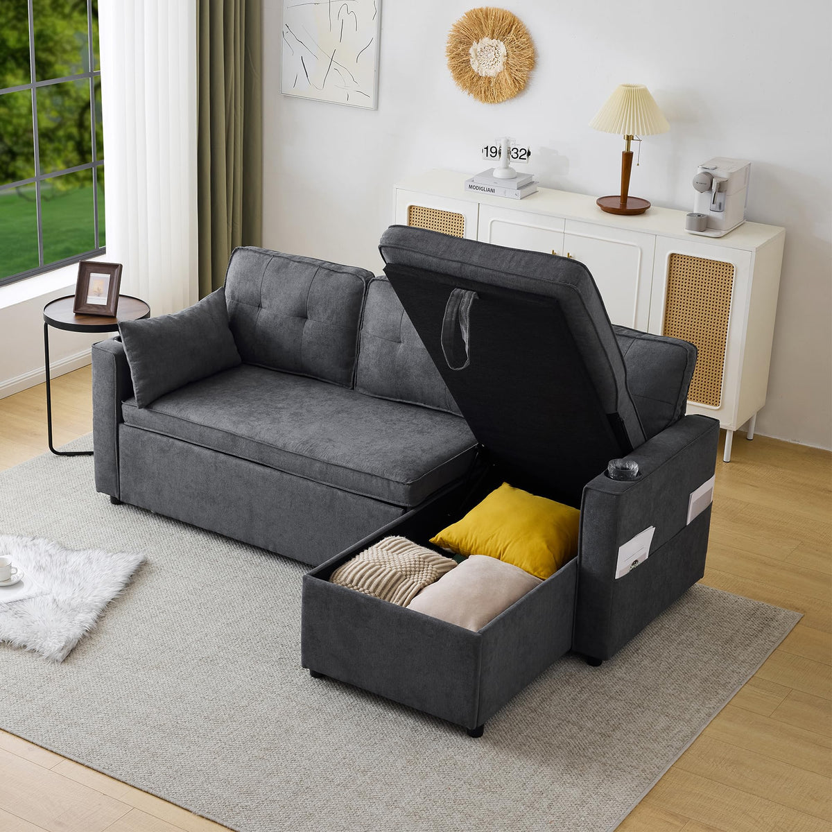 Sofá esquinero extensible en forma de L con puerto USB y portavasos, sofá cama de 4 plazas con función cama, sofá convertible con espacio de almacenamiento y reposabrazos, cojines, chenilla