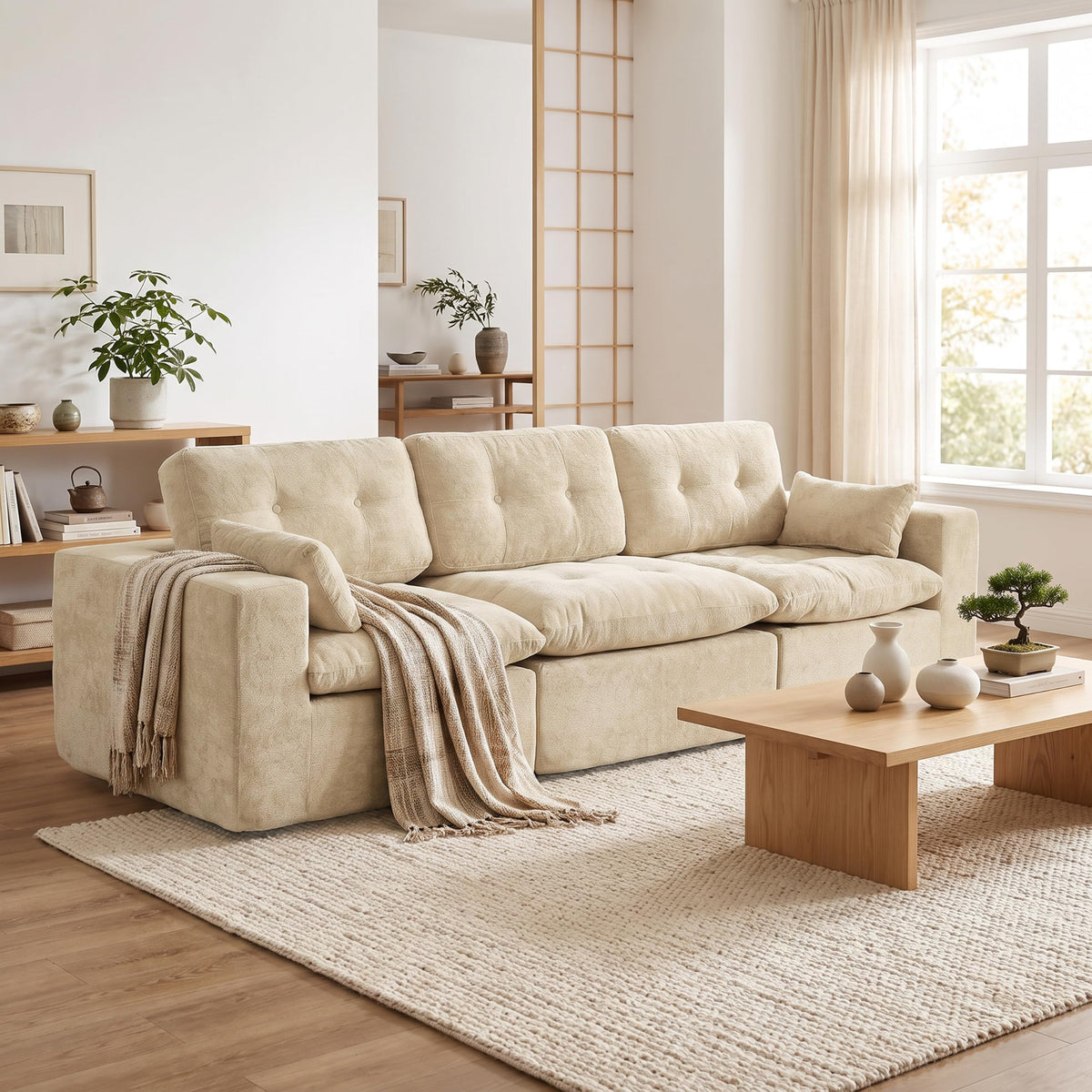 Sofá modular de 3 plazas con función de dormir, asiento extra profundo, felpilla para el hogar, sofá sin marco, sofá cama flexible para salón, verde