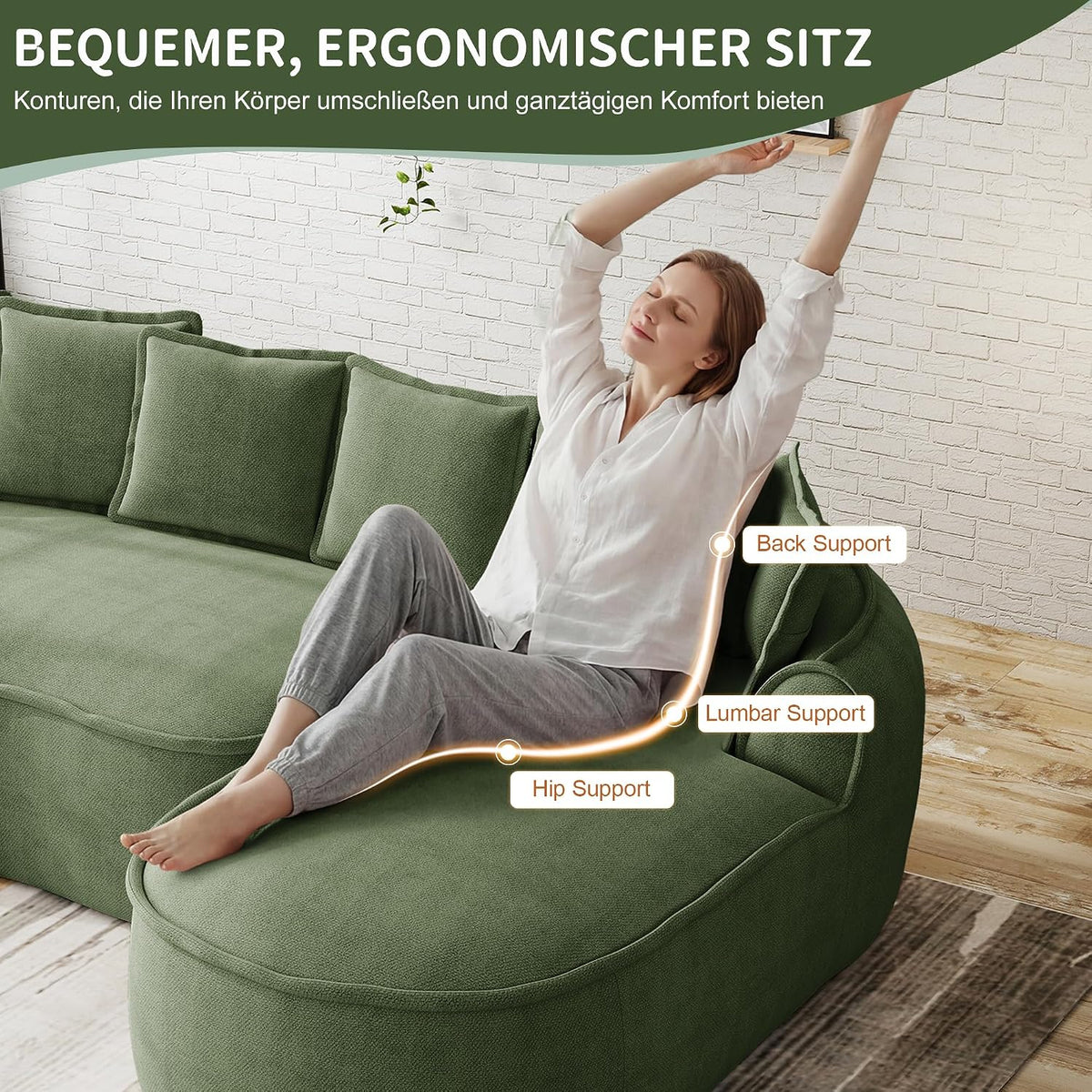 Sofá modular en forma de L sin marco, cómodo sofá de chenilla nube con asiento profundo, chaise longue moderno, extra grande, cojín ideal para salón, color verde