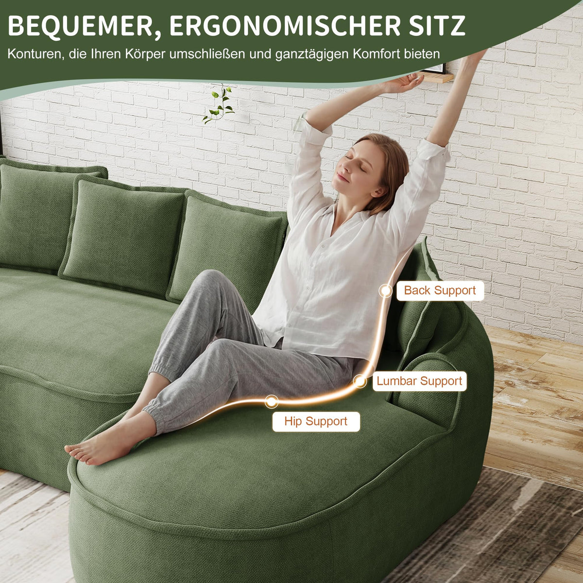 Sofá modular en forma de L sin marco, cómodo sofá de chenilla nube con asiento profundo, chaise longue moderno, extra grande, cojín ideal para salón, color verde