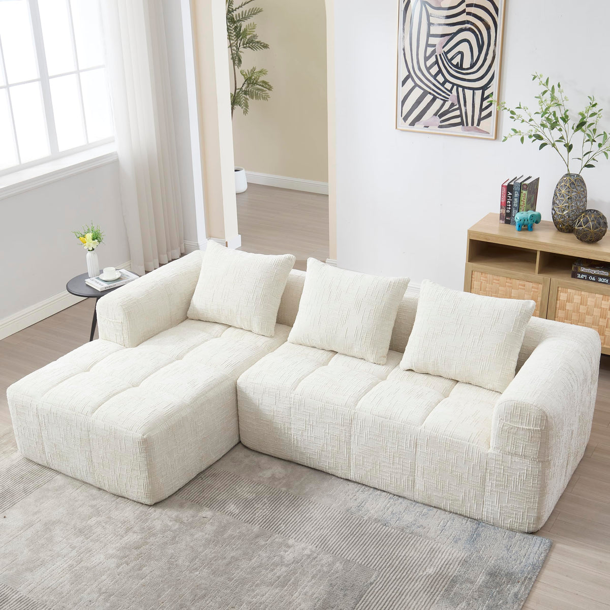 Soweiz Sofá L, seccional de 3 plazas, sofá con chaise longue y reposabrazos, 3 cojines, bolsillo lateral para mando a distancia, 250 x 158 x 60 cm