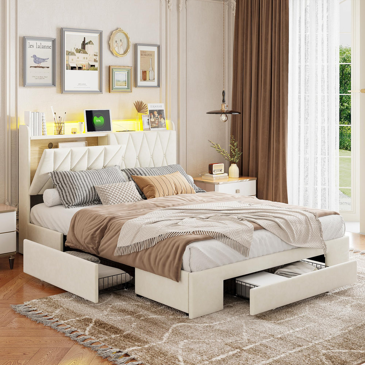 BRILVERDE Cama Tapizada 160x200 con Almacenamiento, Cama matrimonial con cajones, Cama Nido con LED, Cabecero Acolchado y Base de Láminas, Terciopelo (Beige, 160 x 200 cm)