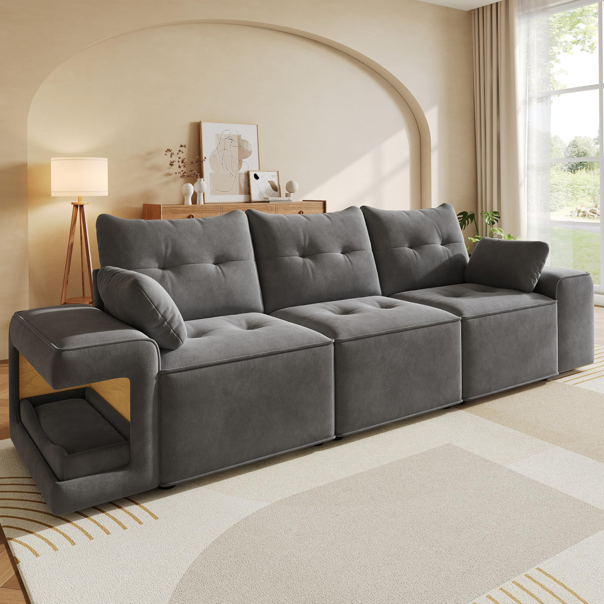 Sofá modular de 6 plazas, sofá esquinero en forma de L/U, puertos USB/tipo C, portavasos y espacio de almacenamiento, tela de chenilla, 7 cojines, salón, dormitorio y oficina, color beige