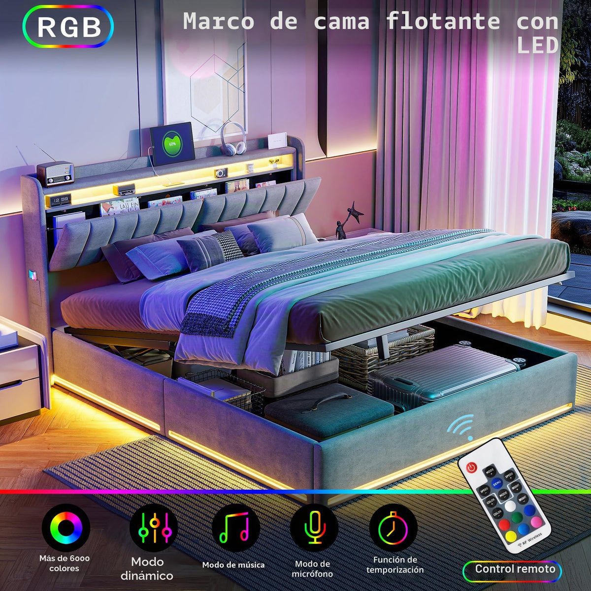 Cama tapizada de 160 x 200 cm, cama doble LED con espacio de almacenamiento, cabecero y función de carga USB C, cama de almacenamiento hidráulico, respaldo con somier de láminas de madera