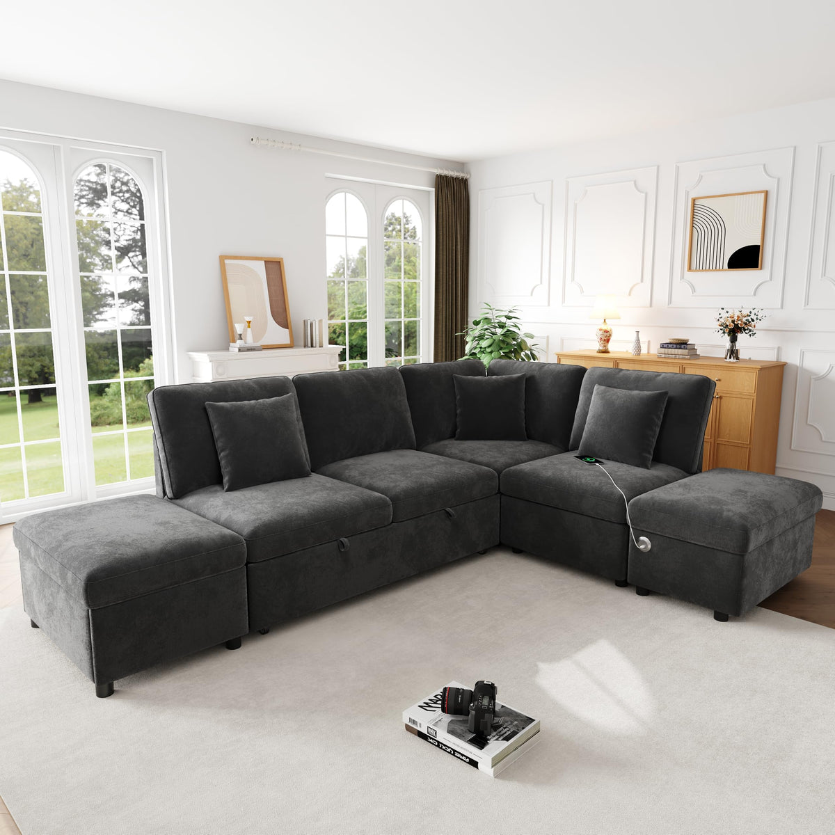 Sofá modular de 3 plazas con función cama extensible y USB/Type-C, sofá esquinero en forma de L con reposacabezas semifijos y compartimento de almacenamiento, sofás con chaise longue