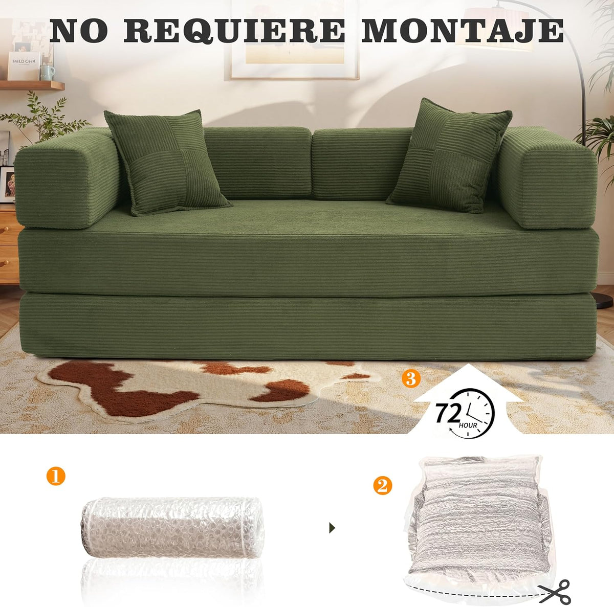 Vipbear Sofá Cama Pana 200×100×70 cm, sofá de Suelo transformable 5 en 1, Espuma de Alta Densidad, Apto para Mascotas y ergonómico, sin Montaje, Verde