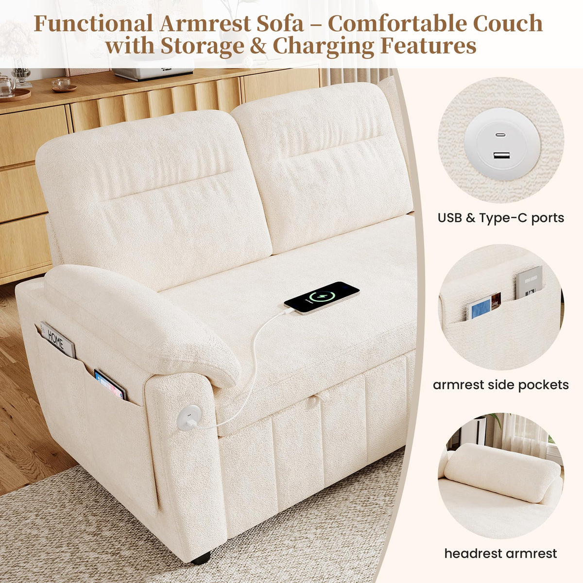 Sofá modular de 3 plazas con función cama extensible y USB/Type-C, sofá esquinero en forma de L con reposacabezas semifijos y compartimento de almacenamiento, sofás con chaise longue