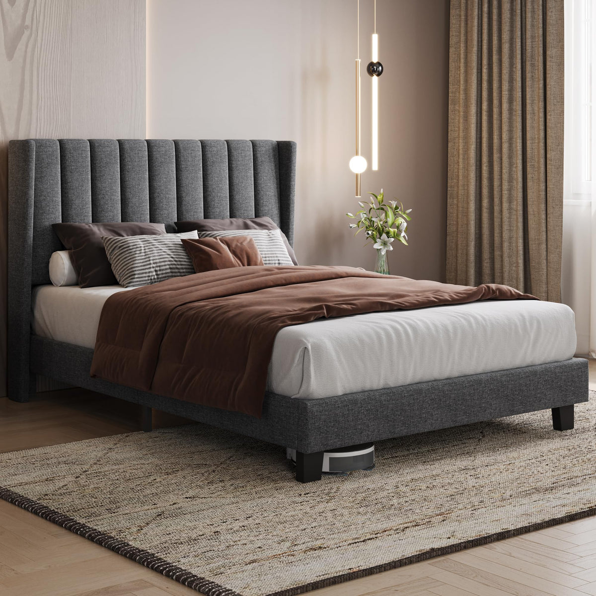 Yaheetech Cama Doble Tapizada 140 x 200cm con Somier de Lamas con Cabecero Rayado Moderno Estructura de Madera y Metal Marco de Cama para Adultos 2 Personas Beige