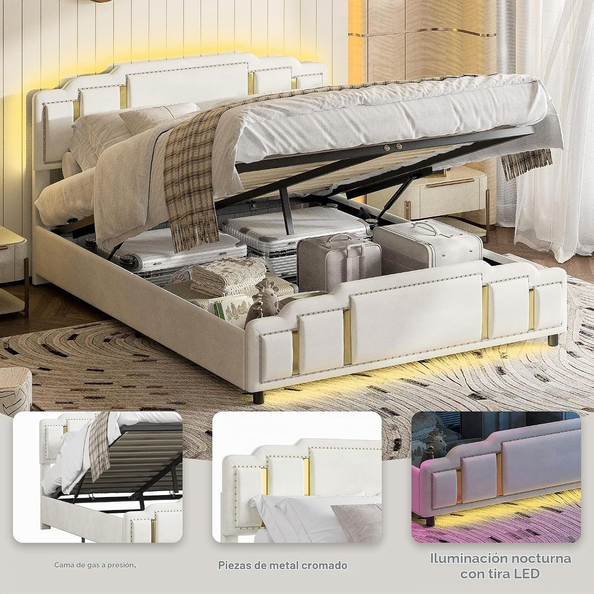 Cama tapizada de 160 x 200 cm con espacio de almacenamiento e iluminación LED, cama doble hidráulica con detalles dorados, cama de terciopelo de lujo con sincronización de música y