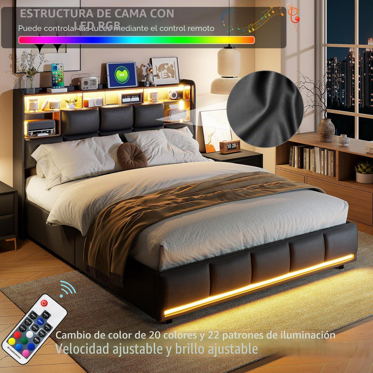 Cama tapizada de 160 x 200 cm, cama doble LED con espacio de almacenamiento, cabecero y función de carga USB C, cama de almacenamiento hidráulico, respaldo con somier de láminas de madera
