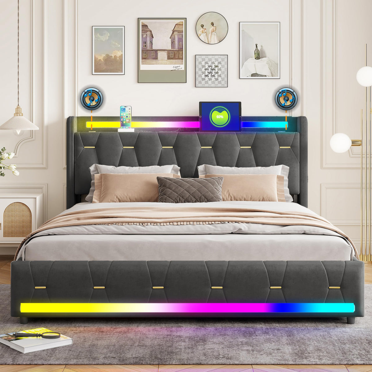 Estructura de Cama de Cuero 160x200cm con Carga USB Type-C, Blanco