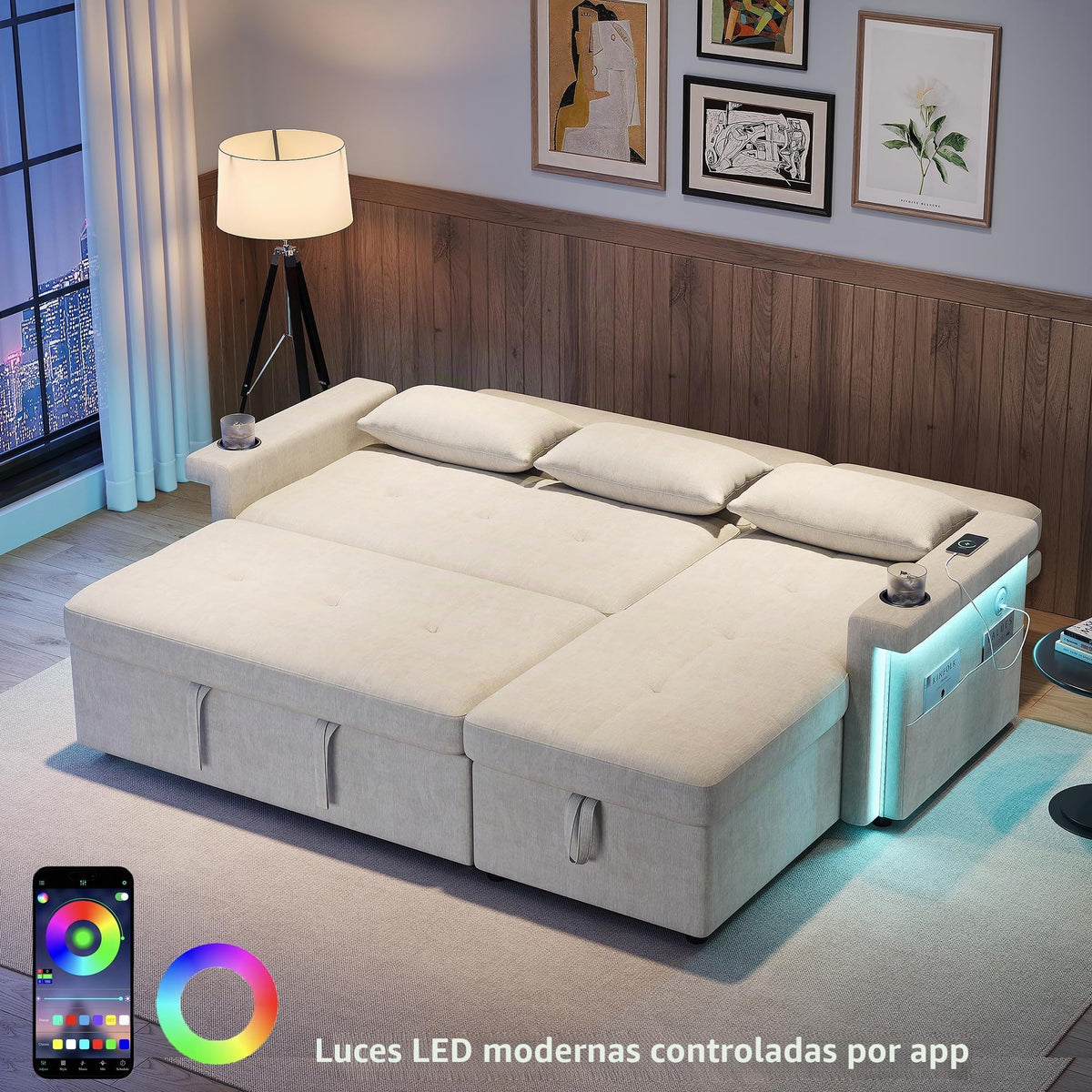 Bladez Sofá cama extensible en forma de L de lino con espacio de almacenamiento, soporte para bebidas, sofá modular de 3 plazas para salón (gris)