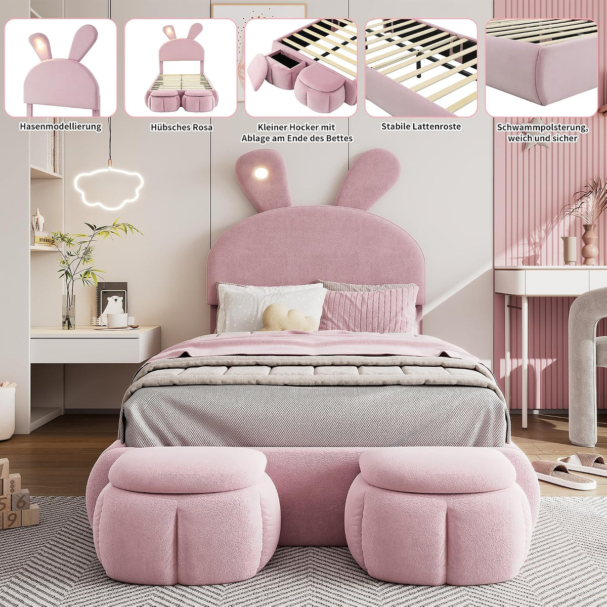 Soweiz Cama tapizada, cama individual, con orejas de conejo y tiras de luz de color cálido con brillo ajustable, con dos cajones de almacenamiento, cama infantil con somier de madera, terciopelo