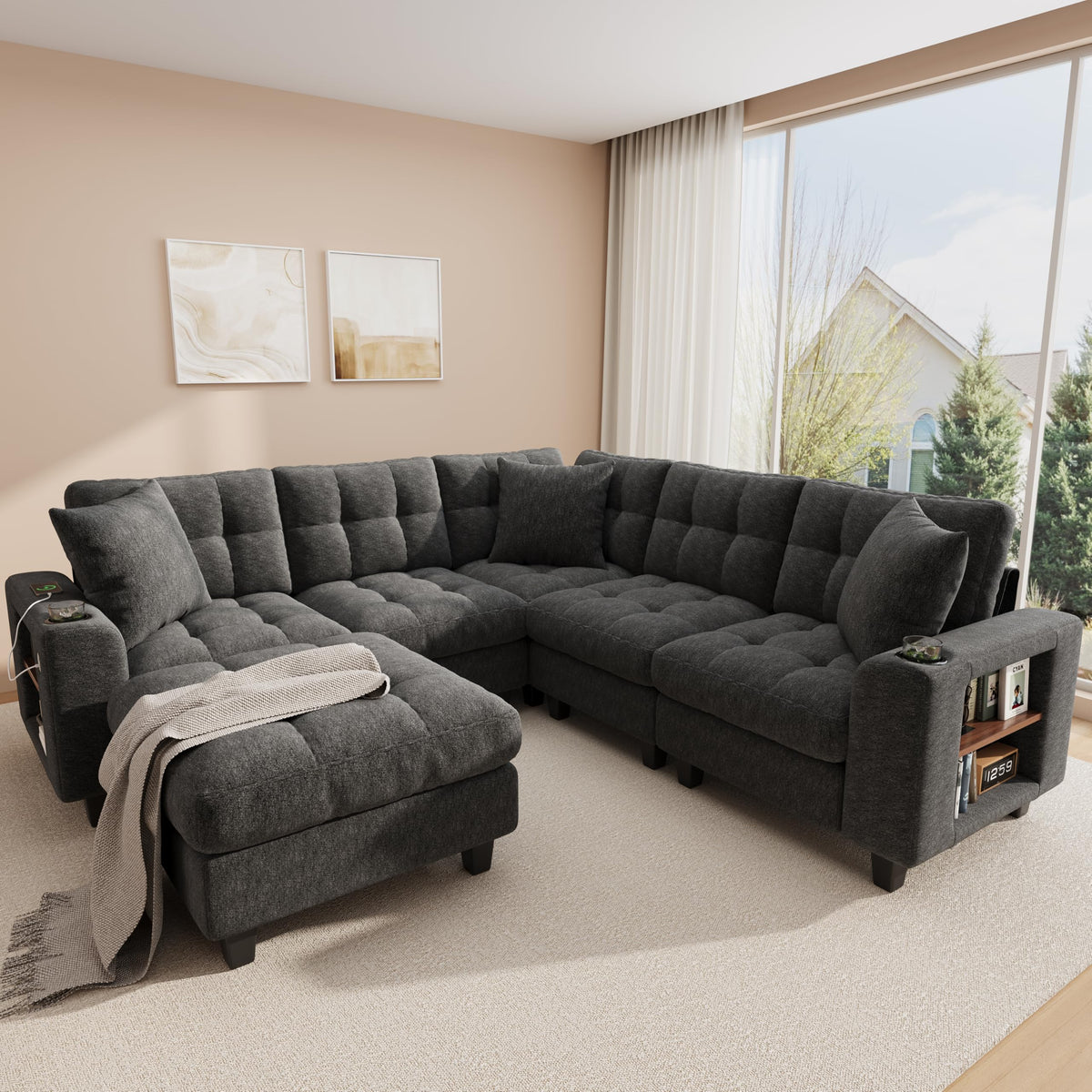 Sapgaks Sofá modular moderno de 6 plazas, con USB y portavasos, sofá de esquina modular muy grande en forma de U/L, con reposapiés extraíble y apoyabrazos con estantería, tela de chenilla, beige