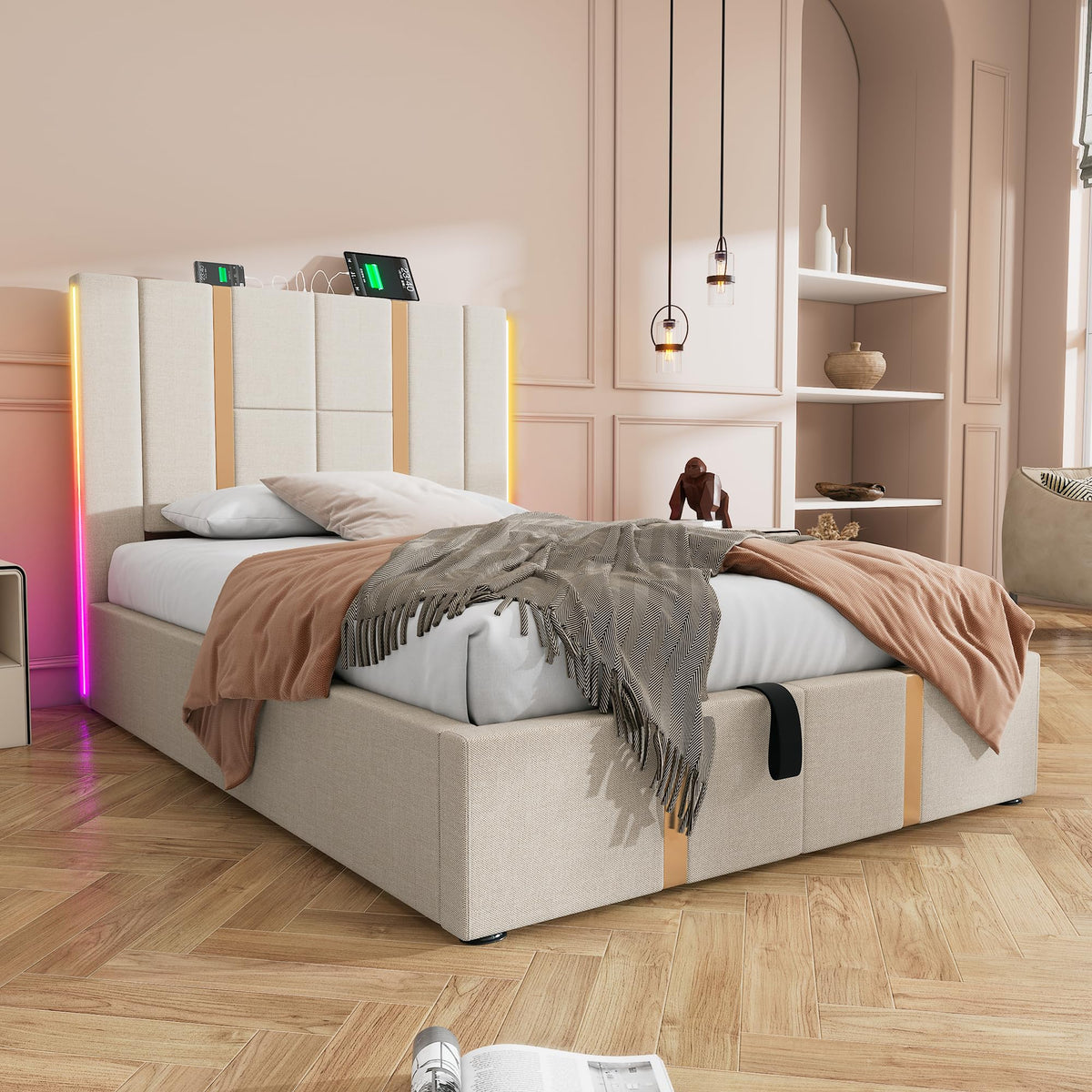 Cama tapizada doble USB tipo C función de carga APP Control LED 180 × 200 cm espacio espacio cama somier de láminas de madera, material de lino beige (sin colchón)