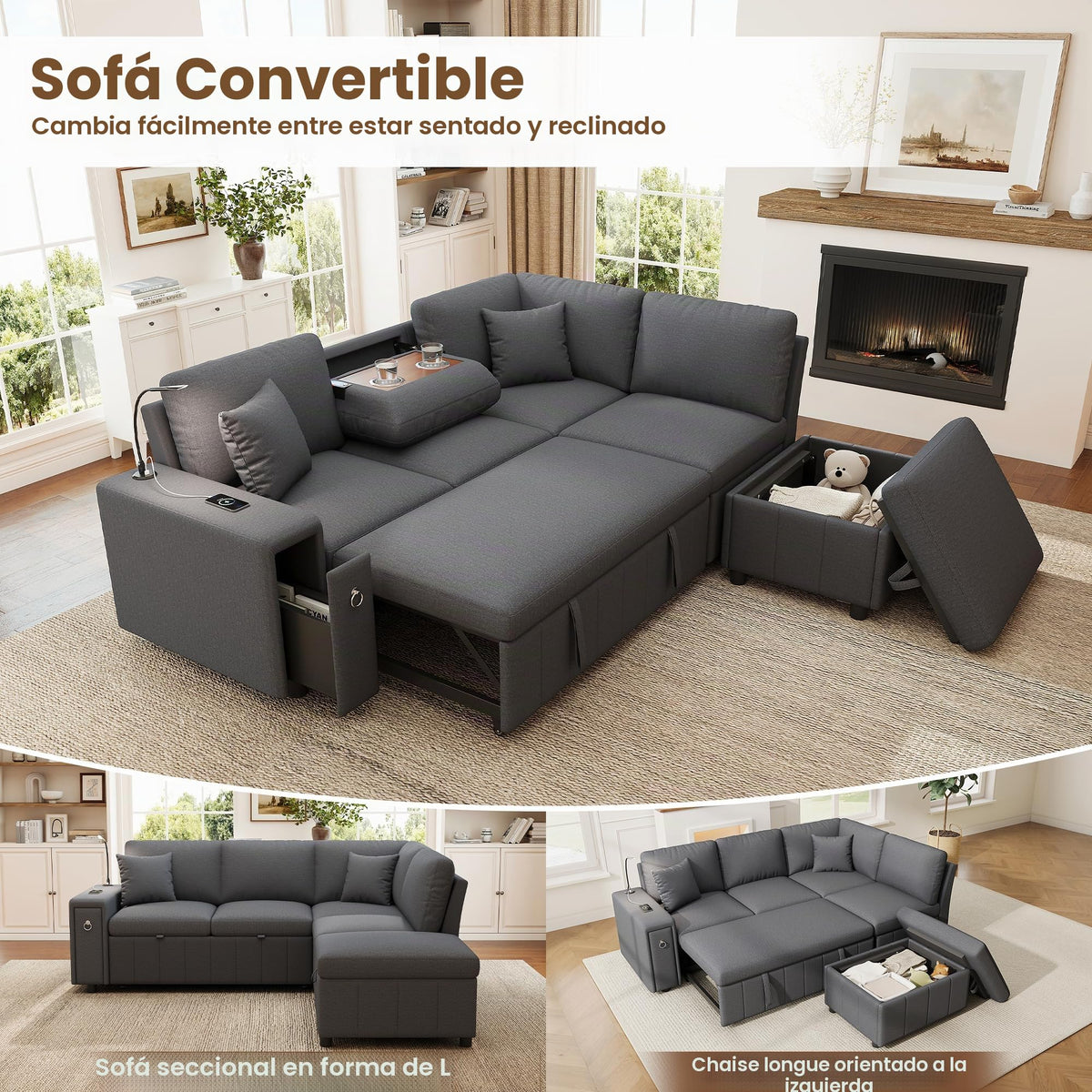 Sofá esquinero extensible en forma de L con puerto USB y portavasos, sofá cama de 4 plazas con función cama, sofá convertible con espacio de almacenamiento y reposabrazos, cojines, chenilla