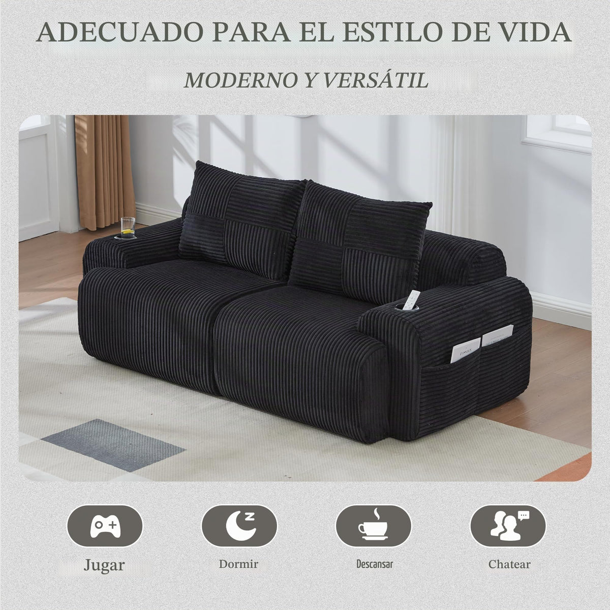 Sofá modular de 200 cm, sofá de 2 plazas con portabebidas y bolsillo de almacenamiento lateral, sofá comprimido de pana, sofá seccional para sala de estar y dormitorio