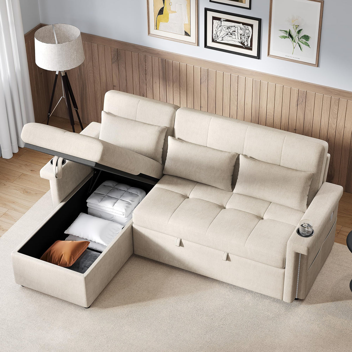 Bladez Sofá cama extensible en forma de L de lino con espacio de almacenamiento, soporte para bebidas, sofá modular de 3 plazas para salón (gris)
