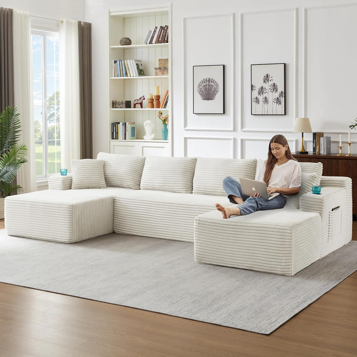 Bladez Sofá esquinero modular en forma de U de pana de 3 plazas gris con otomana