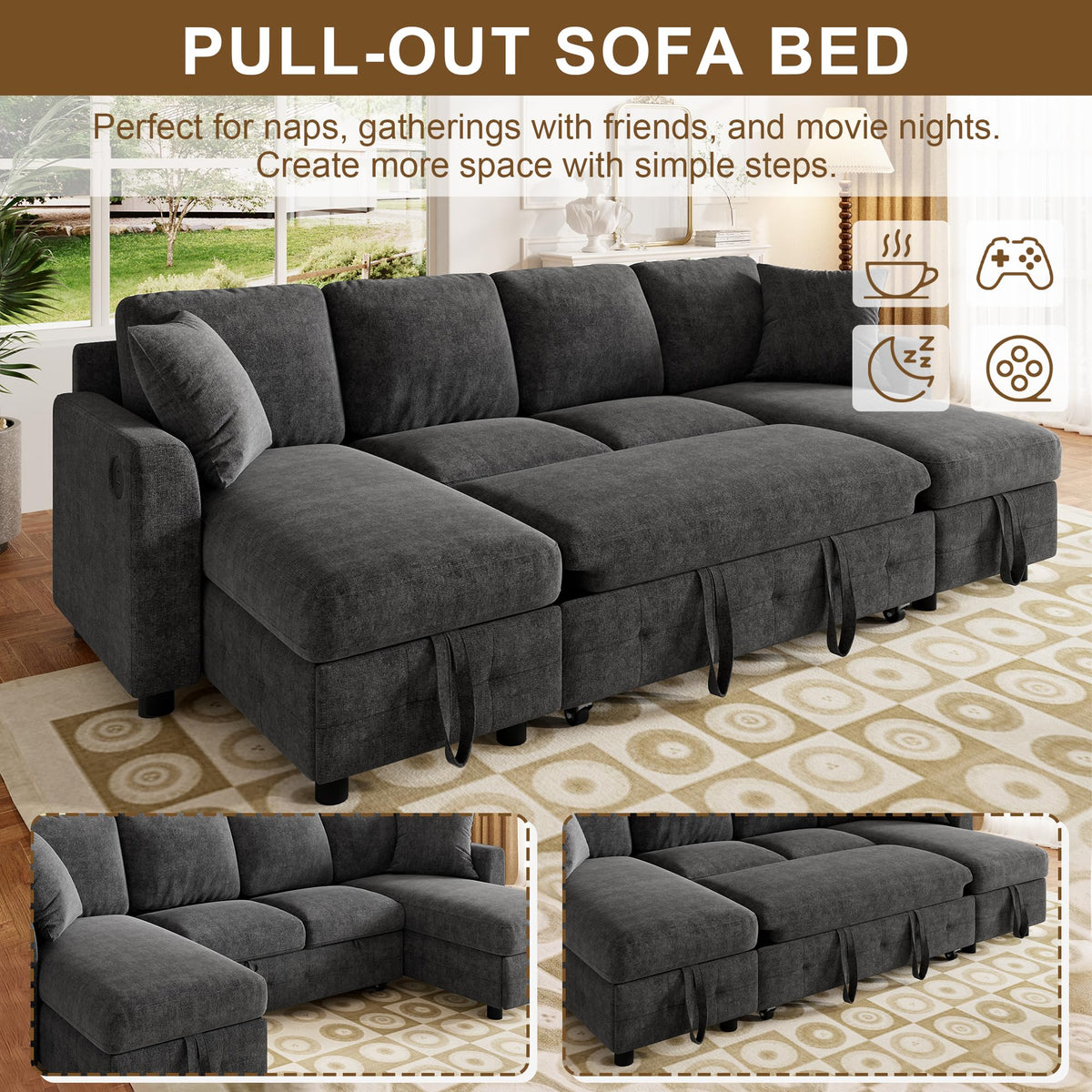 LAKFEW Sofa Cama con Cama Extensible y Taburete Almacenaje, Sofa Rinconera con USB, Lámpara de Lectura, Mesa Plegable con 2 Posavasos, 205x205x85 cm, Gris