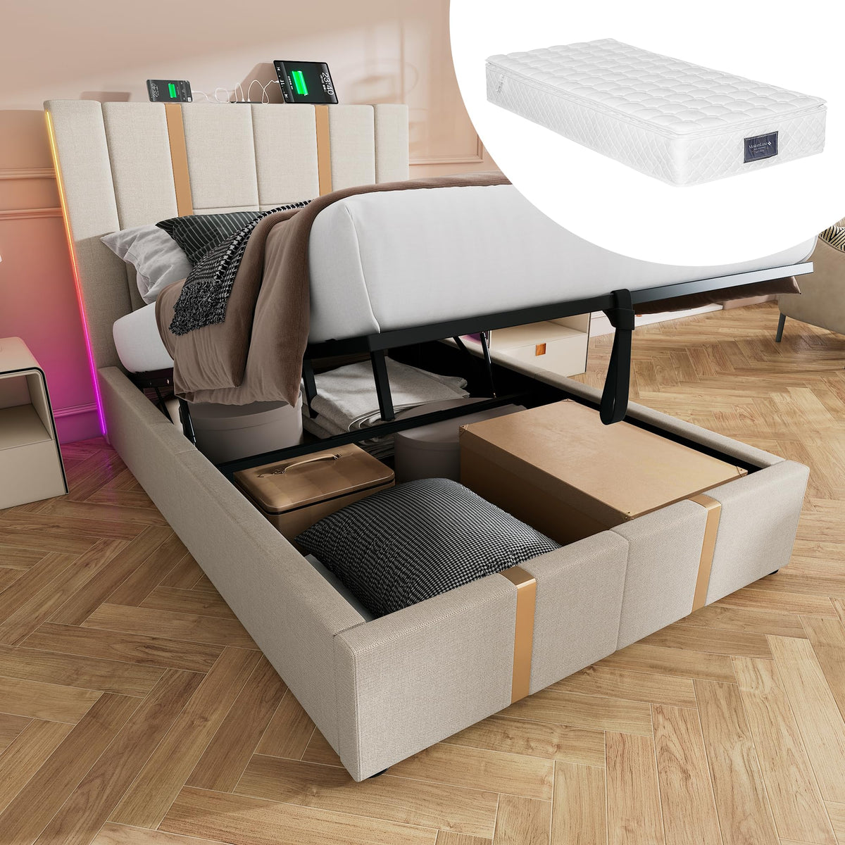 Cama tapizada doble USB tipo C función de carga APP Control LED 180 × 200 cm espacio espacio cama somier de láminas de madera, material de lino beige (sin colchón)