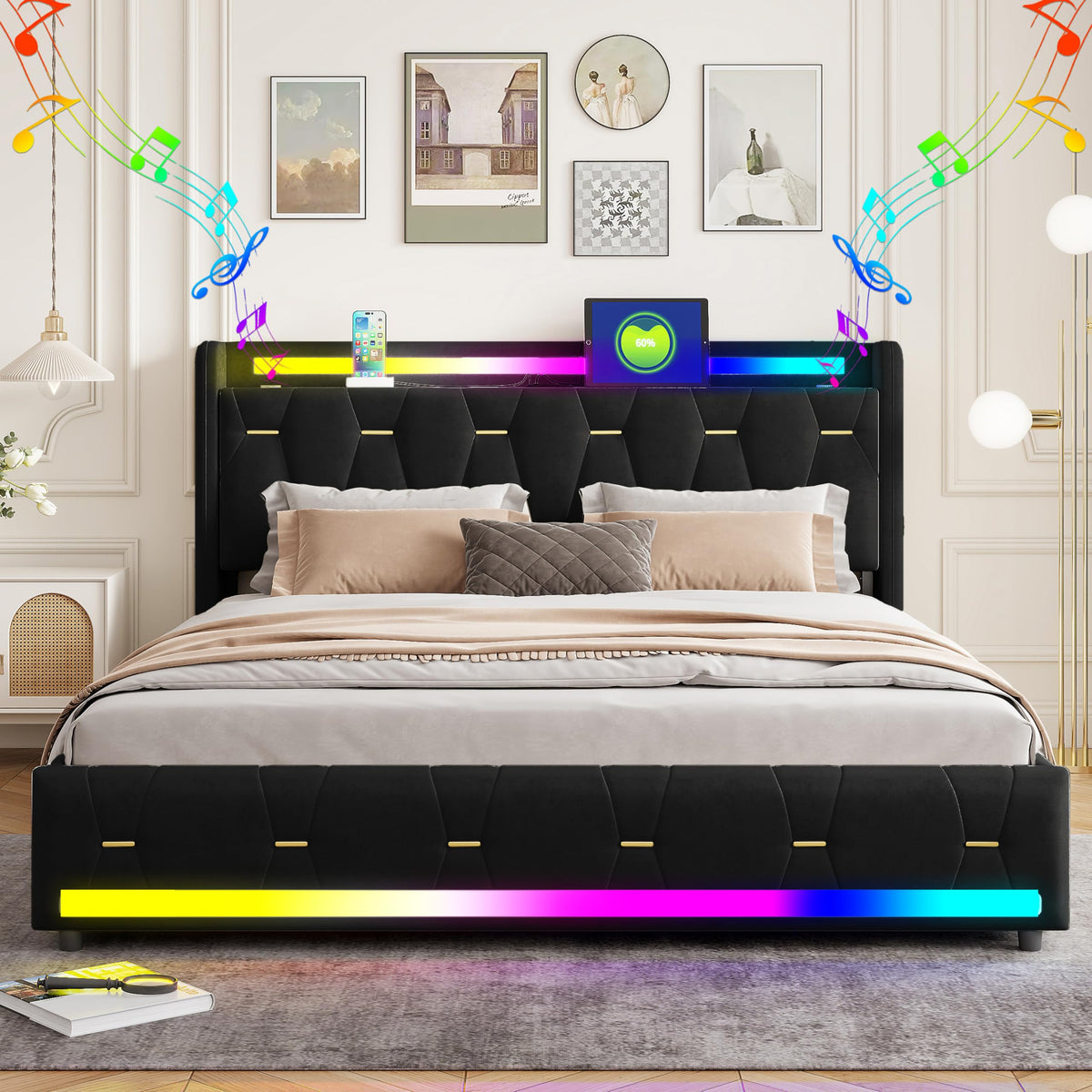 Estructura de Cama de Cuero 160x200cm con Carga USB Type-C, Blanco