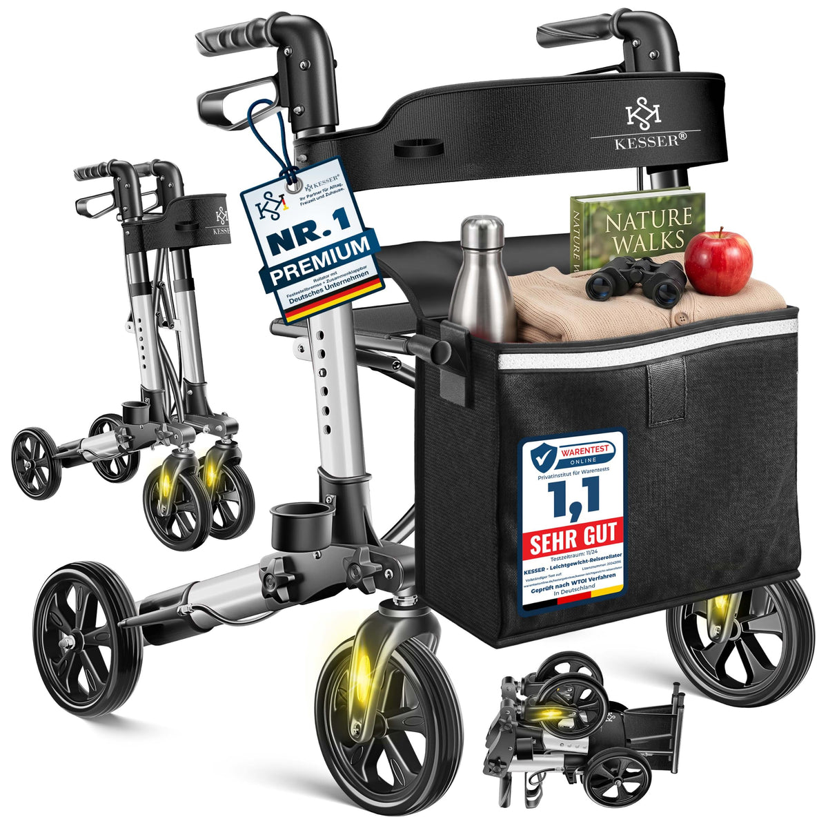KESSER® Andador plegable con asiento y respaldo, 4 Ruedas/Frenos/Saco de Compra y Porta Bastón, Altura Ajustable 82-94cm, Andador, Carro, Rollator para Ancianos Gris