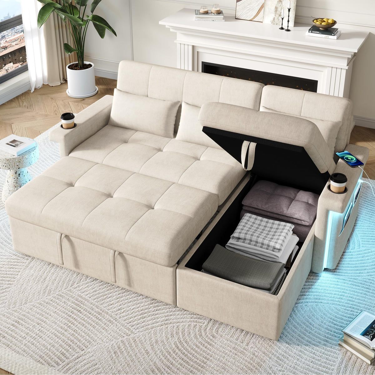 Bladez Sofá cama extensible en forma de L de lino con espacio de almacenamiento, soporte para bebidas, sofá modular de 3 plazas para salón (gris)