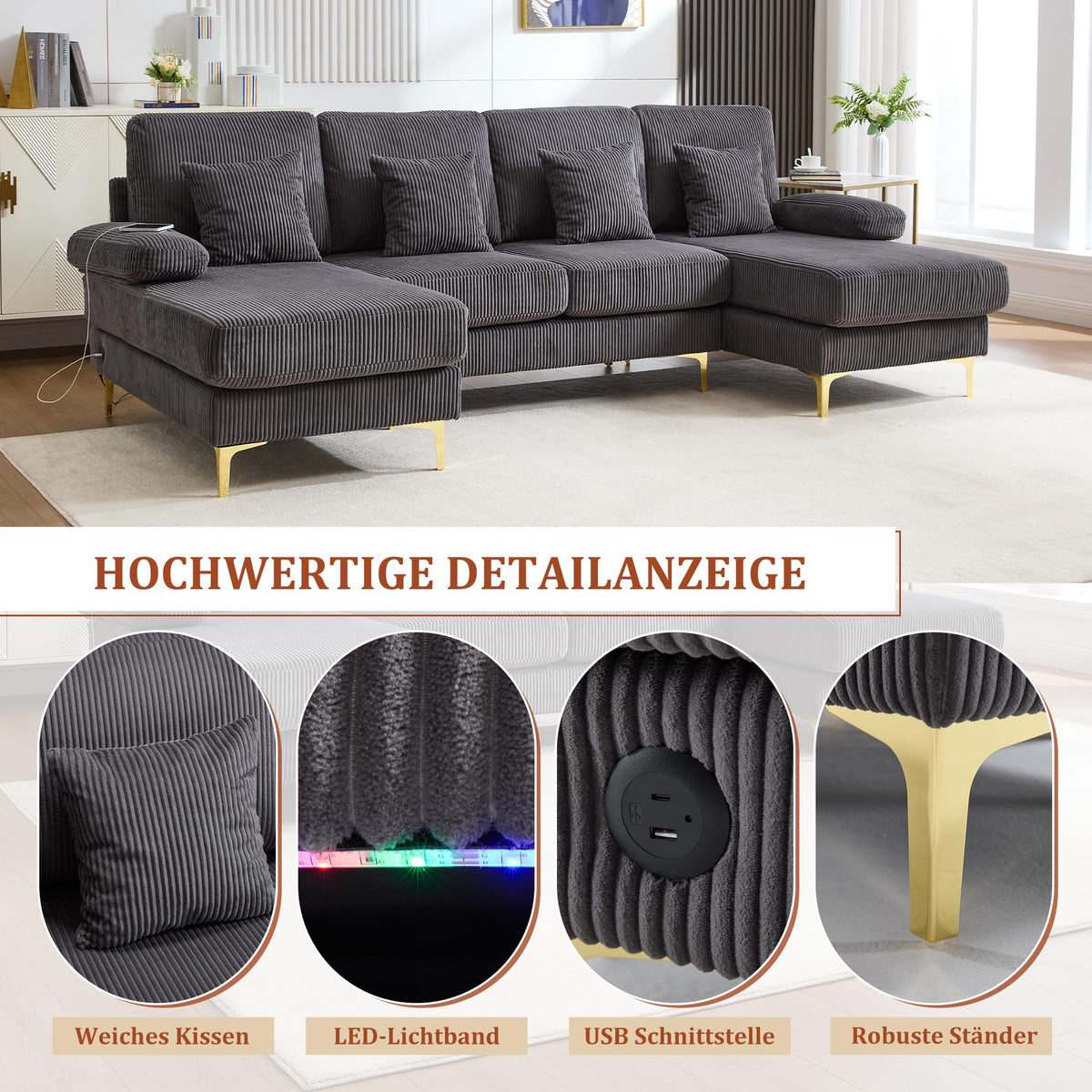 Lubvtti Sofá Moderno en U con iluminación Ambiental LED y Puerto USB+Type-C,sofá 4 plazas con 4 Cojines de Lujo y Respaldo ergonómico, sofá cheslong 4 plazas,Terciopelo,Negro