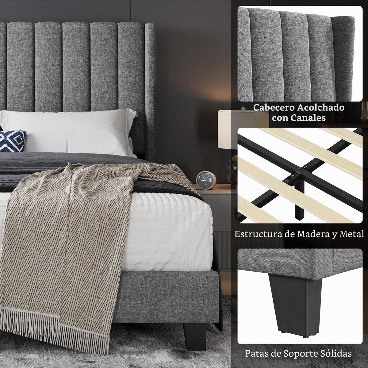 Yaheetech Cama Doble Tapizada 140 x 200cm con Somier de Lamas con Cabecero Rayado Moderno Estructura de Madera y Metal Marco de Cama para Adultos 2 Personas Beige