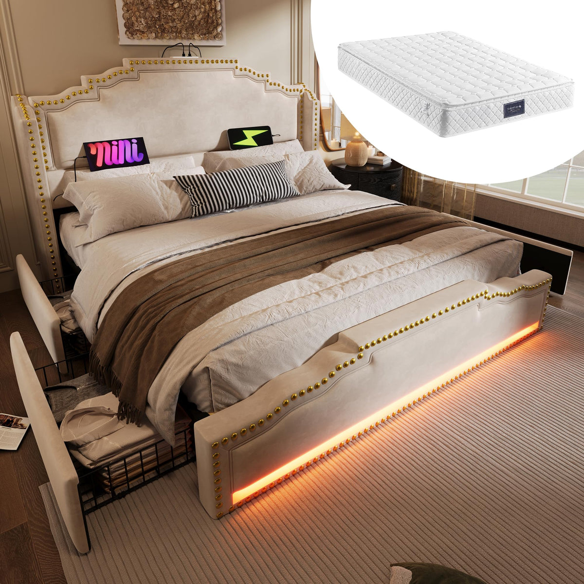 Cama tapizada de 160 x 200 cm, cama doble con 4 cajones, iluminación LED y puerto de carga USB-C, cama de almacenamiento y cama juvenil con somier, terciopelo, beige, sin colchón