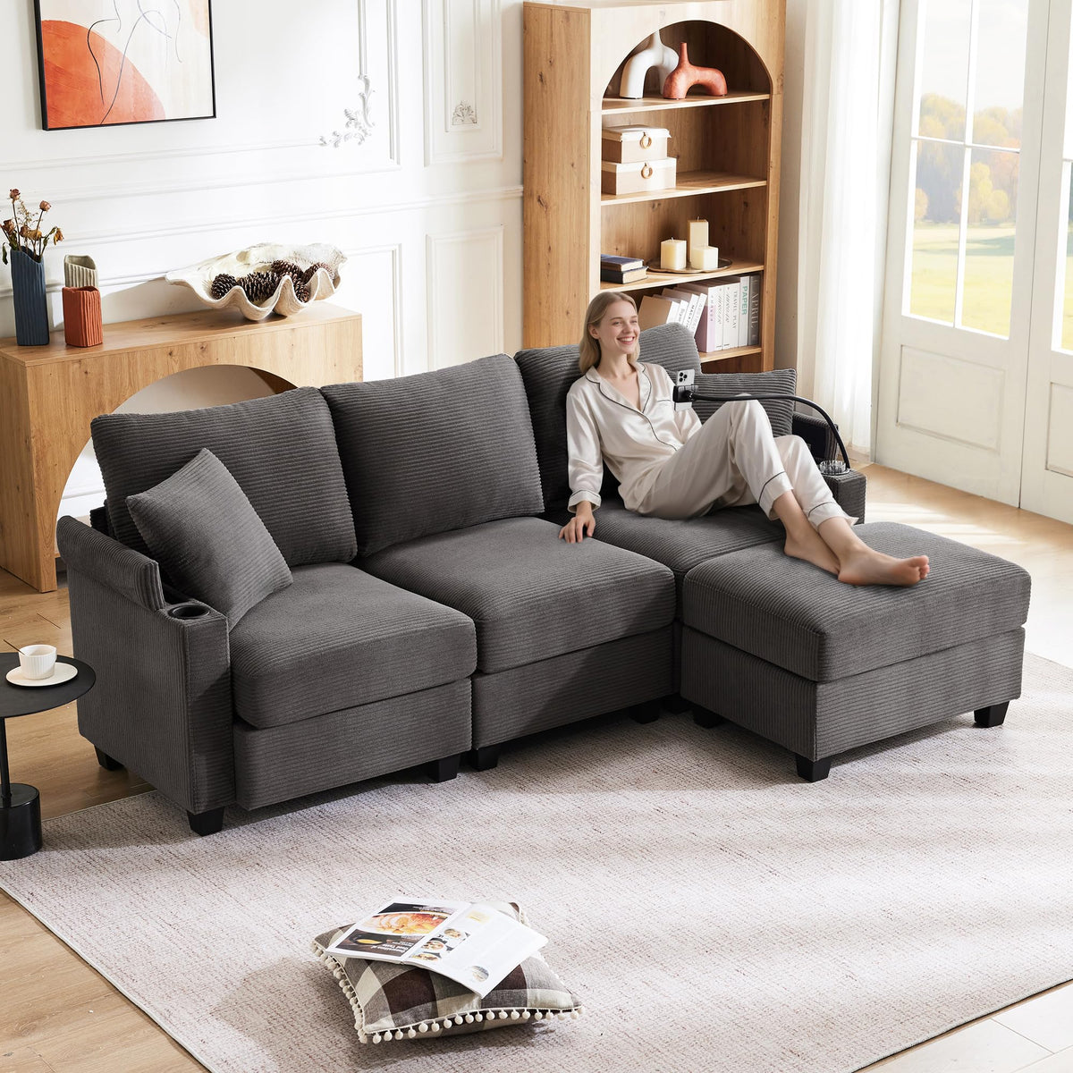 Sofá modular de 6 plazas, sofá esquinero en forma de L/U, puertos USB/tipo C, portavasos y espacio de almacenamiento, tela de chenilla, 7 cojines, salón, dormitorio y oficina, color beige