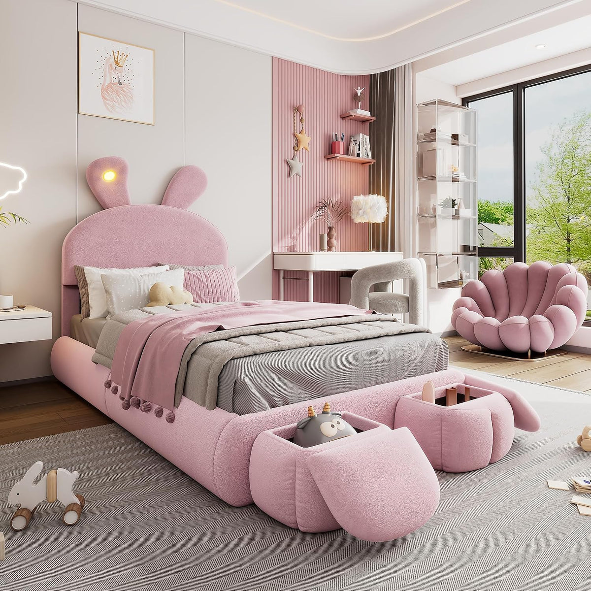 Soweiz Cama tapizada, cama individual, con orejas de conejo y tiras de luz de color cálido con brillo ajustable, con dos cajones de almacenamiento, cama infantil con somier de madera, terciopelo