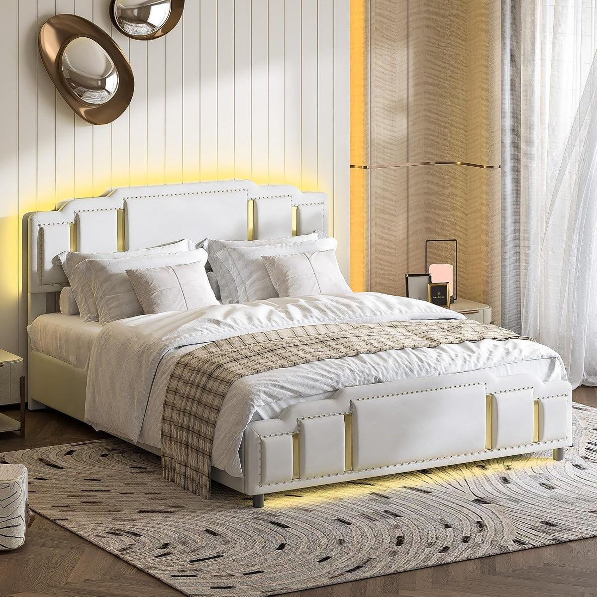 Cama tapizada de 160 x 200 cm con espacio de almacenamiento e iluminación LED, cama doble hidráulica con detalles dorados, cama de terciopelo de lujo con sincronización de música y