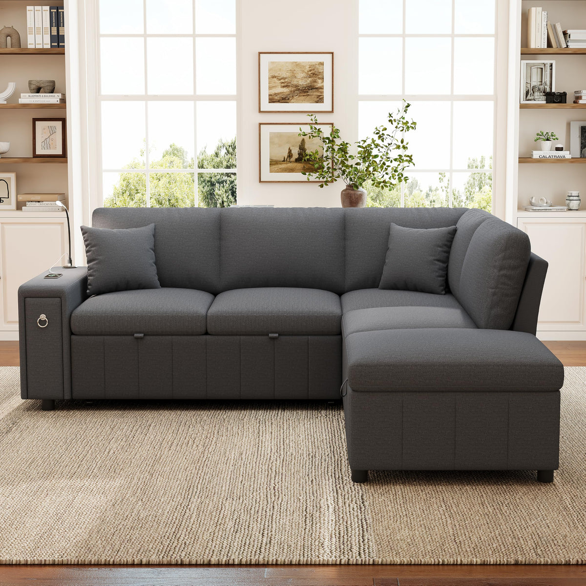 Sofá esquinero extensible en forma de L con puerto USB y portavasos, sofá cama de 4 plazas con función cama, sofá convertible con espacio de almacenamiento y reposabrazos, cojines, chenilla
