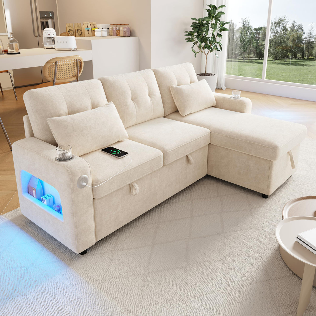 Sapgaks Sofá de esquina convertible de 6 plazas con USB, sofá convertible de 6 plazas, sofá de 6 plazas, en chenilla, con apoyabrazos en forma de librería, puf extraíble para configuraciones en L y en