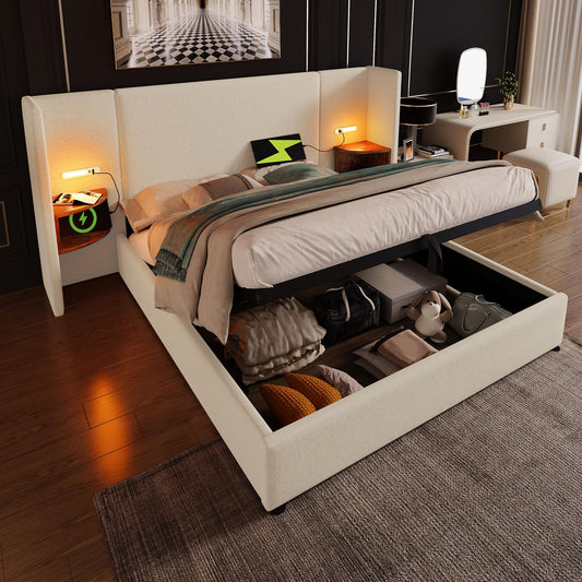 Camas Matrimoniales 160x200 con Cabecero Extendido y Espacio de Almacenaje Hidráulica, Cama Matrimonio con Lámpara de Lectura, Cama Doble con Puerto USB y Tipo C, Lino, Gris, Sin Colchón