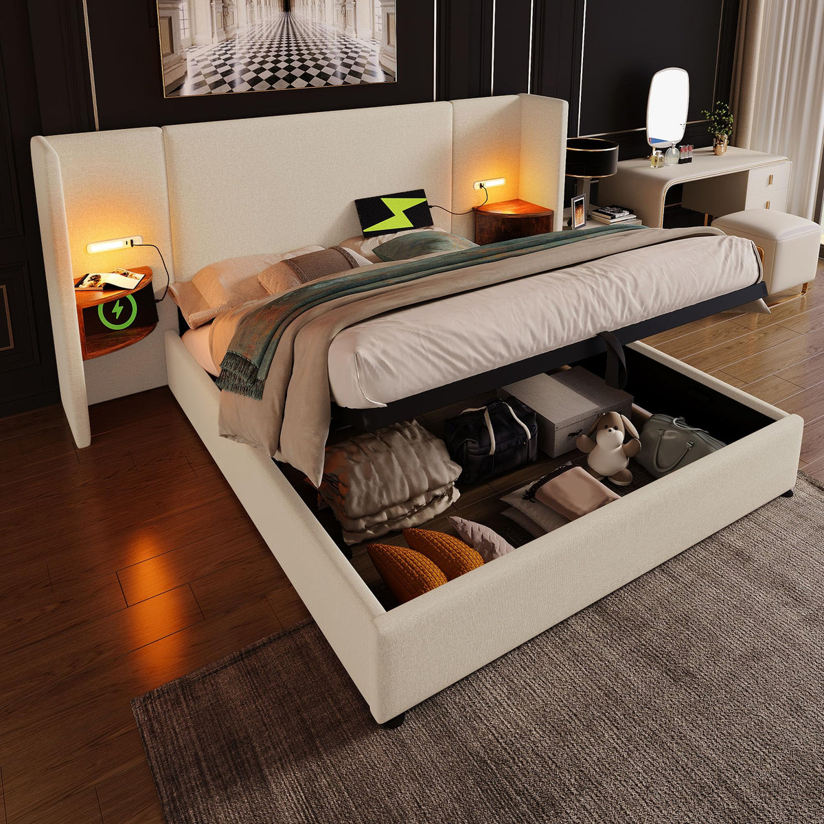 Camas Matrimoniales 160x200 con Cabecero Extendido y Espacio de Almacenaje Hidráulica, Cama Matrimonio con Lámpara de Lectura, Cama Doble con Puerto USB y Tipo C, Lino, Gris, Sin Colchón