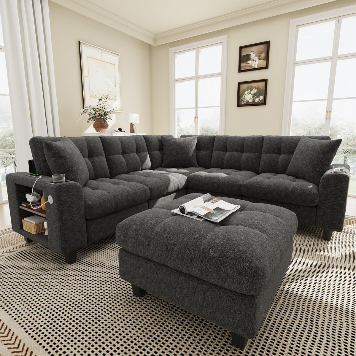 Sapgaks Sofá modular moderno de 6 plazas, con USB y portavasos, sofá de esquina modular muy grande en forma de U/L, con reposapiés extraíble y apoyabrazos con estantería, tela de chenilla, beige