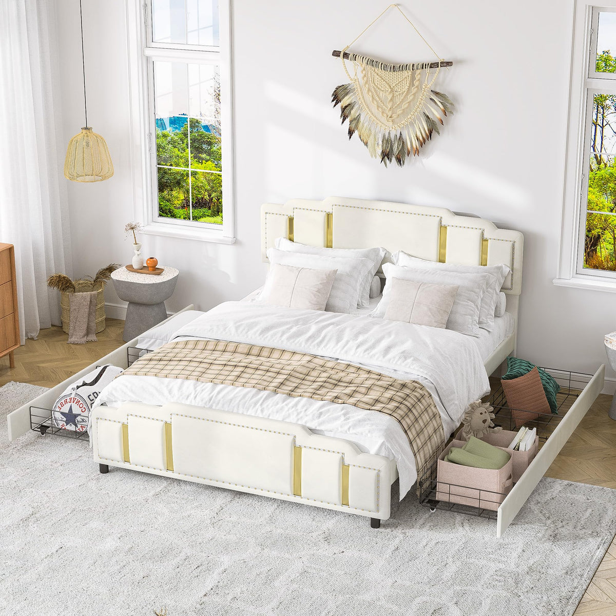 Cama tapizada de 160 x 200 cm con espacio de almacenamiento e iluminación LED, cama doble hidráulica con detalles dorados, cama de terciopelo de lujo con sincronización de música y