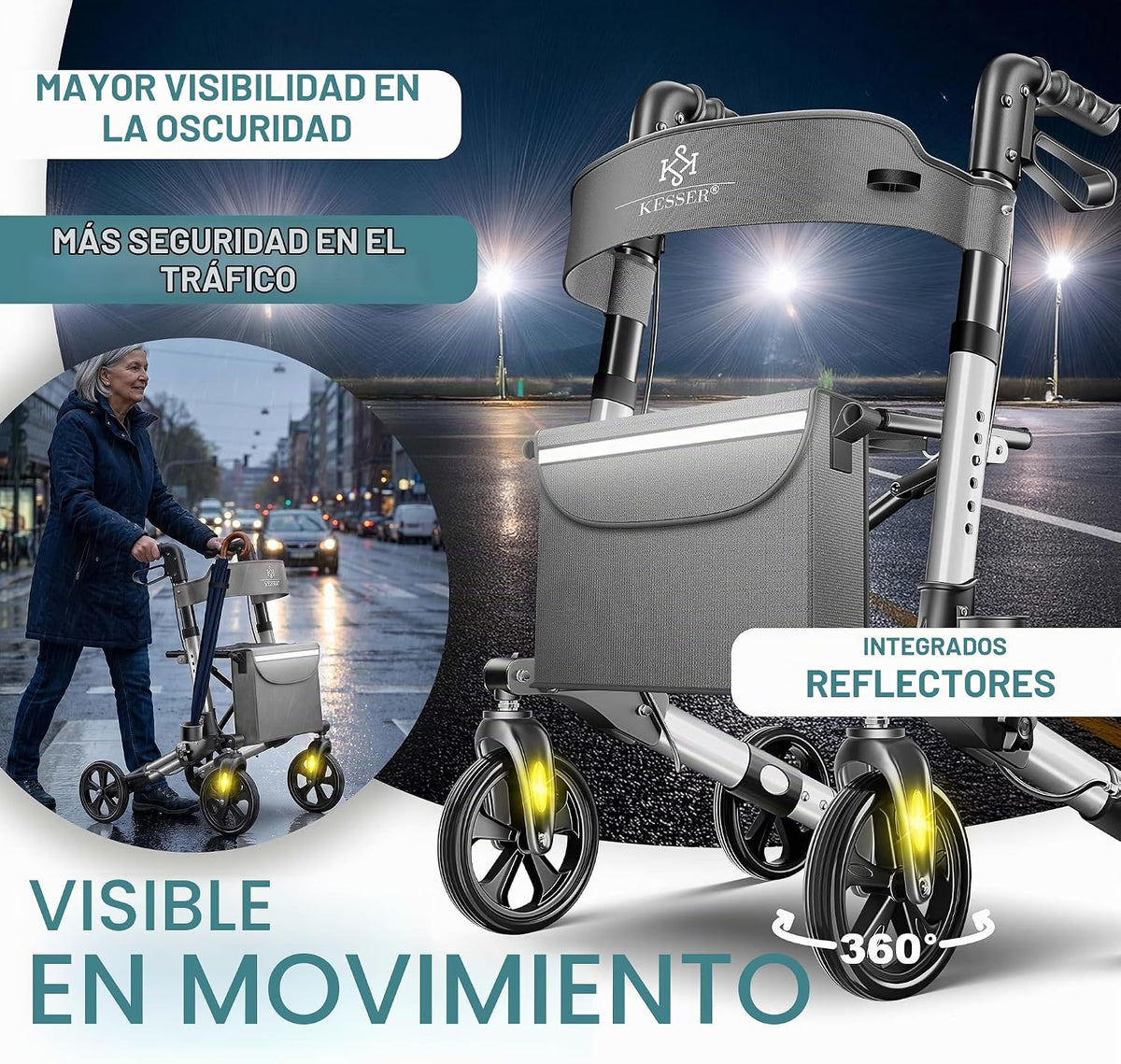 KESSER® Andador plegable con asiento y respaldo, 4 Ruedas/Frenos/Saco de Compra y Porta Bastón, Altura Ajustable 82-94cm, Andador, Carro, Rollator para Ancianos Gris