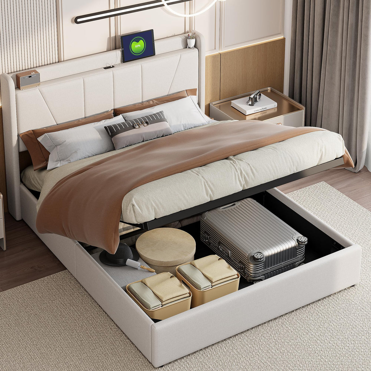 Cama tapizada de 160 x 200 cm, cama doble LED con espacio de almacenamiento, cabecero y función de carga USB C, cama de almacenamiento hidráulico, respaldo con somier de láminas de madera