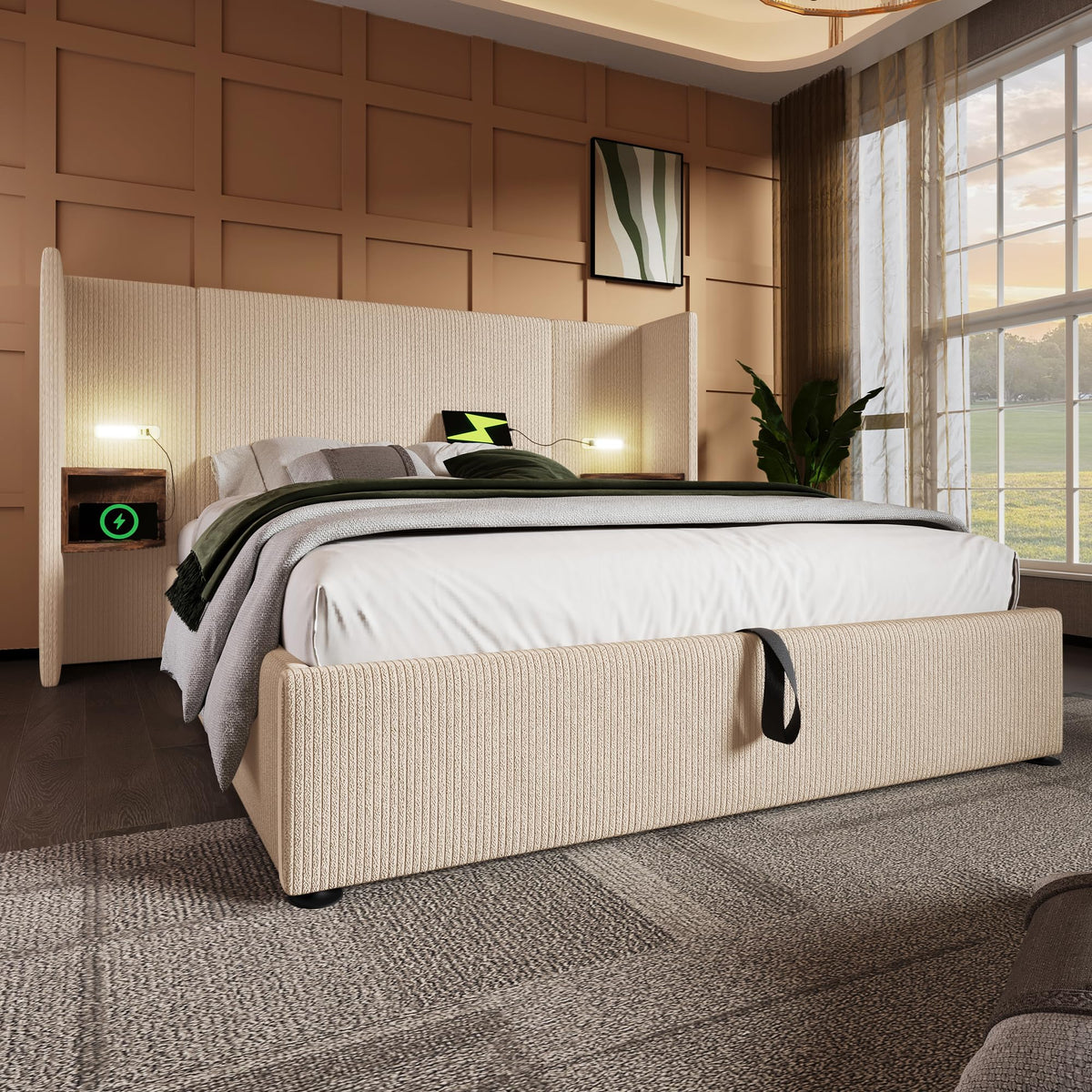 Camas Matrimoniales 160x200 con Cabecero Extendido y Espacio de Almacenaje Hidráulica, Cama Matrimonio con Lámpara de Lectura, Cama Doble con Puerto USB y Tipo C, Lino, Gris, Sin Colchón
